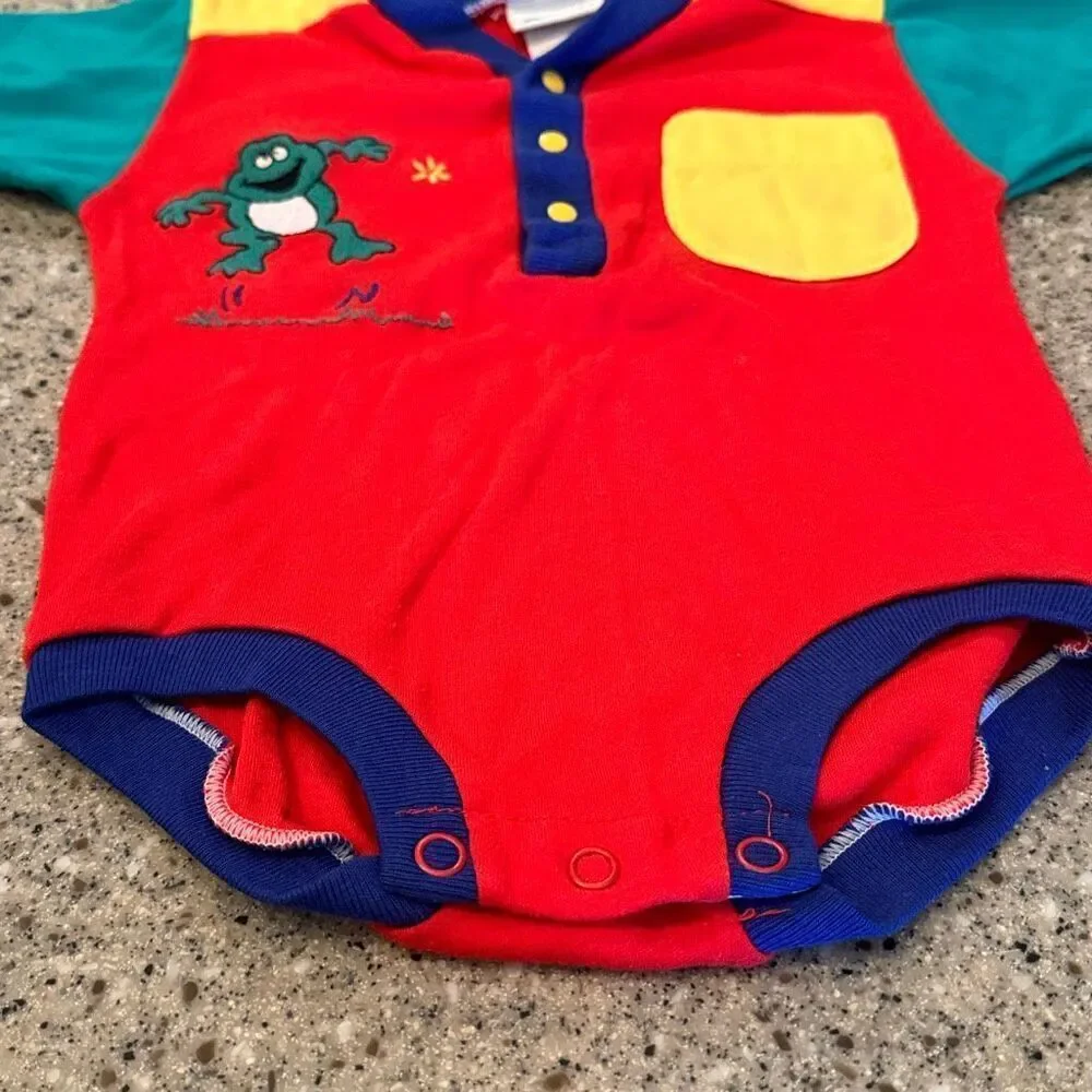 CARTER'S Vintage 90s Made In USA Frog Embroidered Colorblock Baby Romper